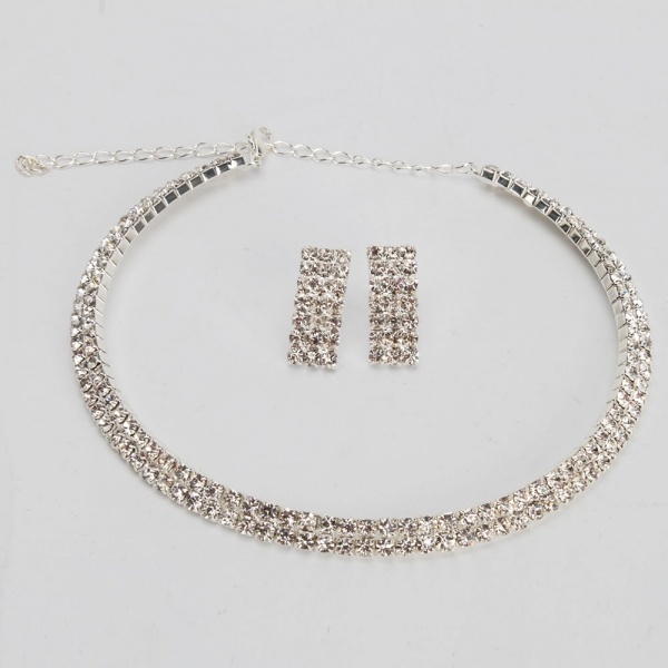Women Fashion Jewelry Three Triple Rows Rhinestone Bling Bling Silver Necklace Choker Earring Set for Wedding Bridals
