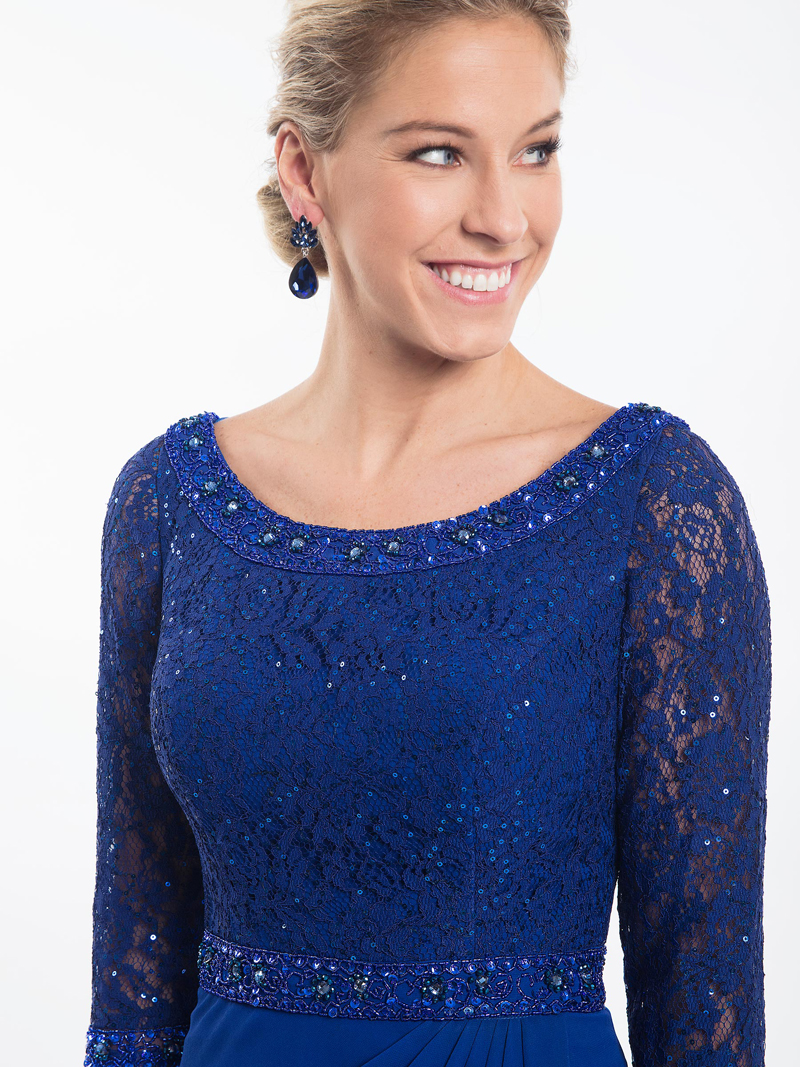 Stunning Royal Blue Mother of The Bride Dresses lace top with beaded neckline 3/4 sleeves pleated skirt with elegant evening formal dresses