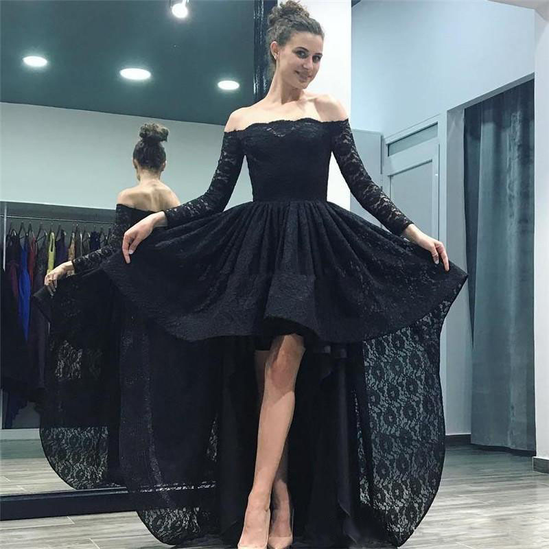 2017 Black Lace High Low Prom Dresses Off Shoulders Long Sleeves Evening Dress Backless Cheap Cocktail Homecoming Gowns Custom Formal Dress
2017 Black Lace High Low Prom Dresses Off Shoulders Long Sleeves Evening Dress Backless Cheap Cocktail Homecoming Gowns Custom Formal Dress