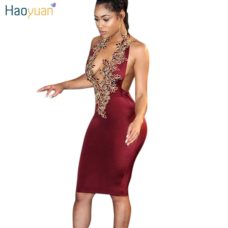 HAOYUAN Halter Deep-V Sexy Party Dresses 2017 Black Embroidery Backless Off Shoulder Dress Sleeveless Women Summer Bodycon Dress q1110