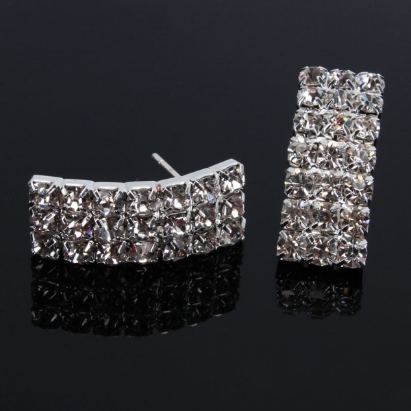 Women Fashion Jewelry Three Triple Rows Rhinestone Bling Bling Silver Necklace Choker Earring Set for Wedding Bridals