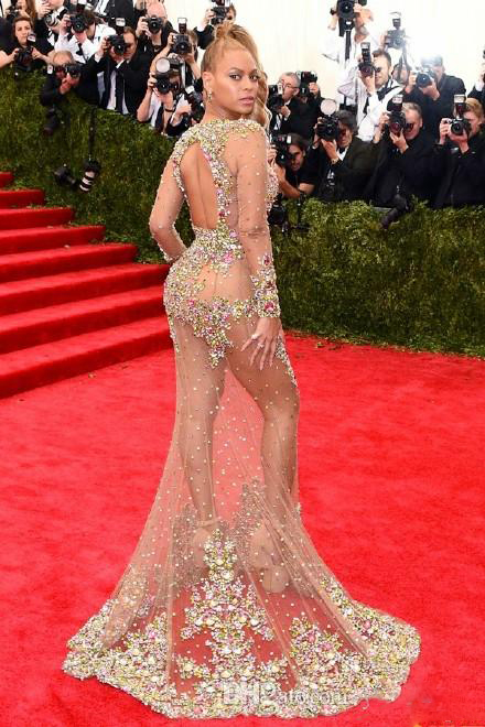 Beyonce Prom Dressess Sexy Red Carpet Dresses Crew Full Sleeve Sheer with Shining Sequins Beads Backless Sweep Train Prom Dress