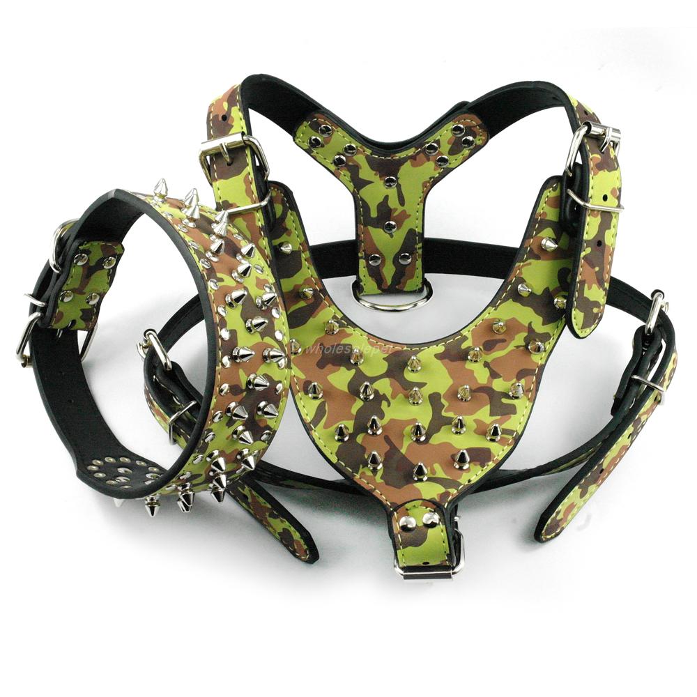 Wholesale-Brown Large Spiked&Studded Leather Dog Harness&Collar SET for Pit Bull Mastiff