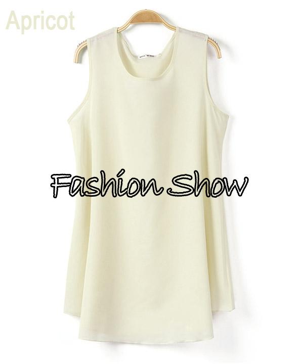 Women Blouses 2014 Chiffon Plus Size Sleeveless O-Neck Tank Top Blouse M L XL Black, Apricot b7 SV001217