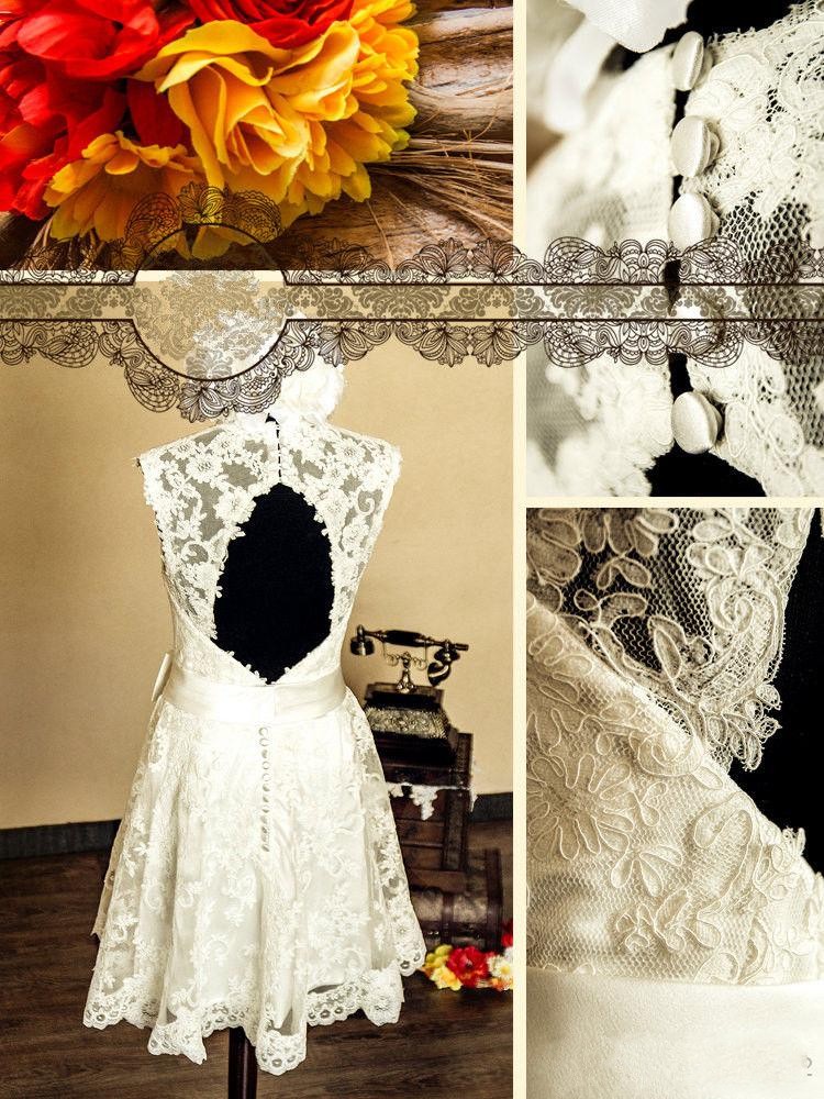 Vintage Short Lace Dresses V-Cut Neckline And Keyhole Open Back Bow Ribbon Bridal Dress Knee Length Simple Wedding Gowns 0510