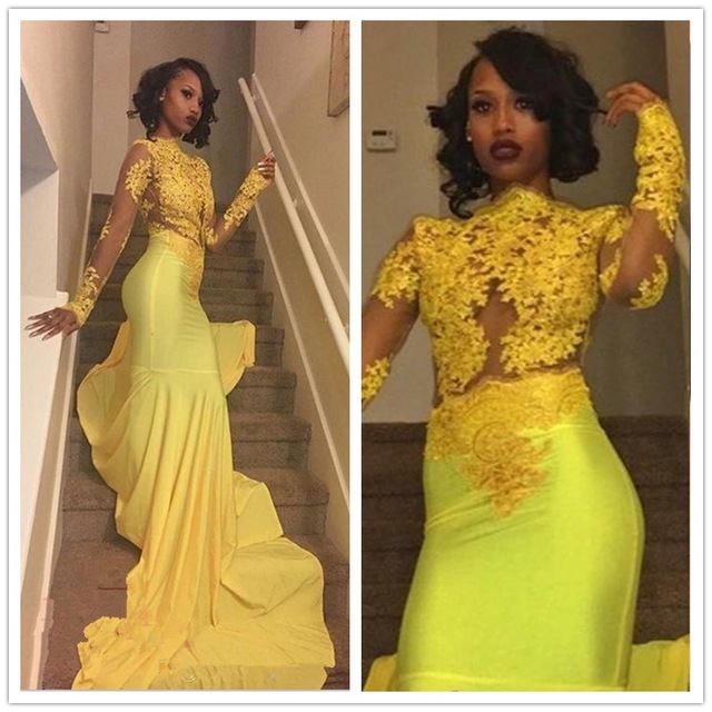 Long Sleeve African Girl Mermaid Evening Party Dresses Lace Flowers Yellow Prom Graduation Gold Pageant Gowns Illusion 0510
