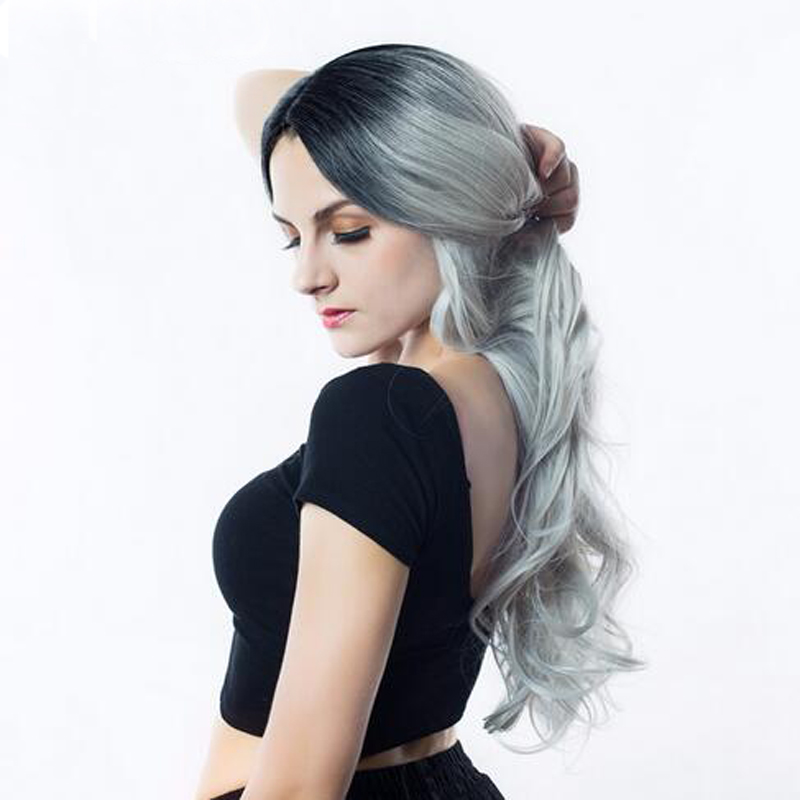 Long Hair Wigs High Density Temperature Swiss Hair Synthetic Wigs Ombre Grey Color Cosplay Wigs For Black/White Women