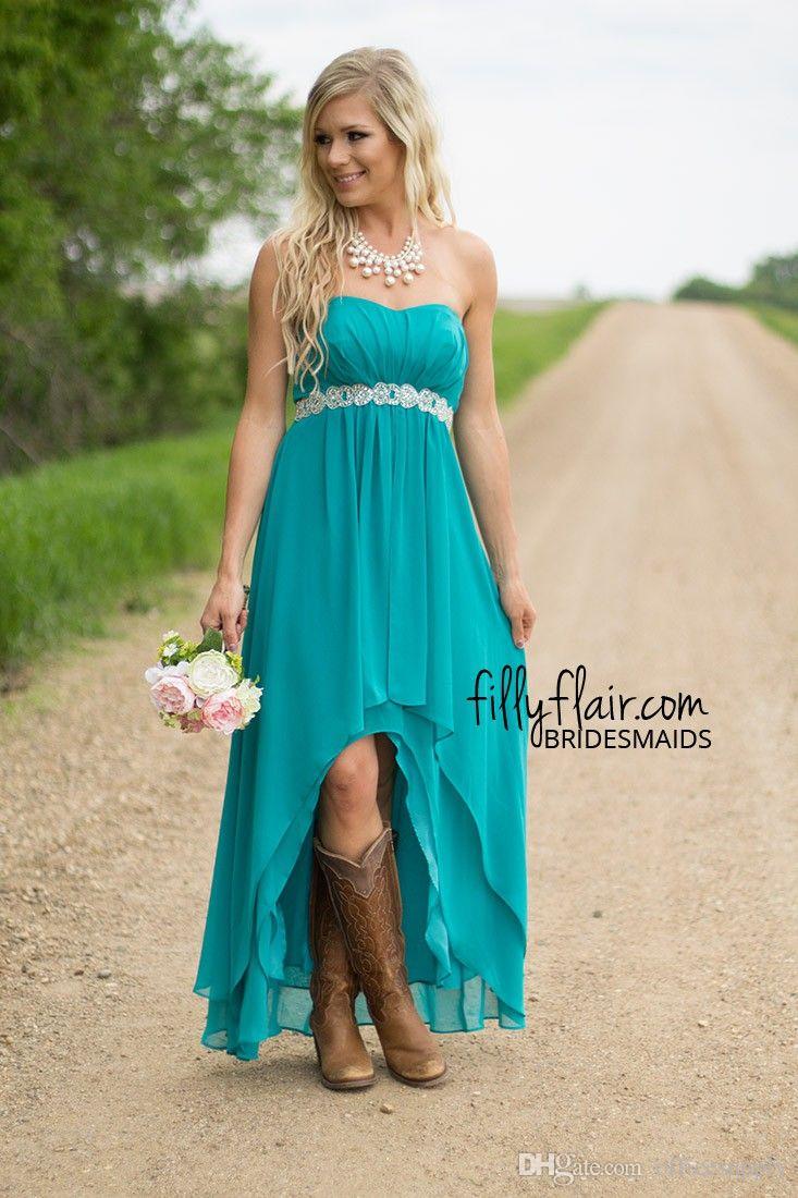 One Pcs Hunter Country Style Short Chiffon Dresses Modest Western Strapless Beaded Sash Hi-lo Maternity Bridesmaid Gowns under 100 2024