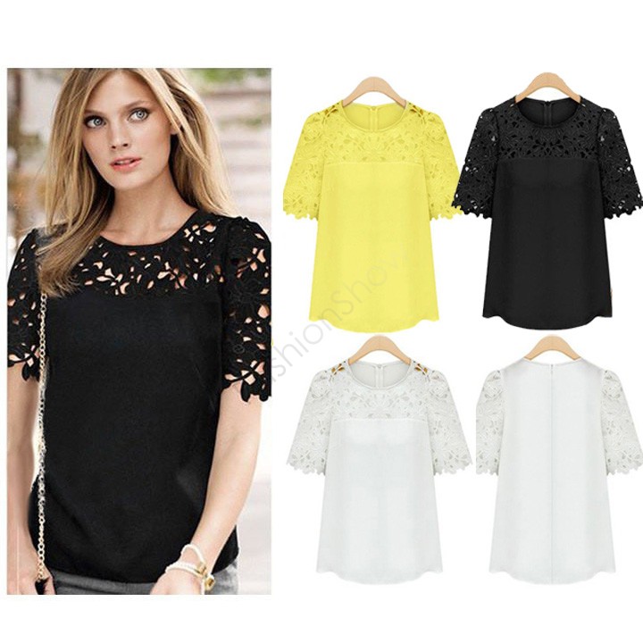 3 Colors 2015 Women Lace Sleeve Chiffion Blouses Gorgeous Shirts Short Sleeve Hollow Crochet Tops B26