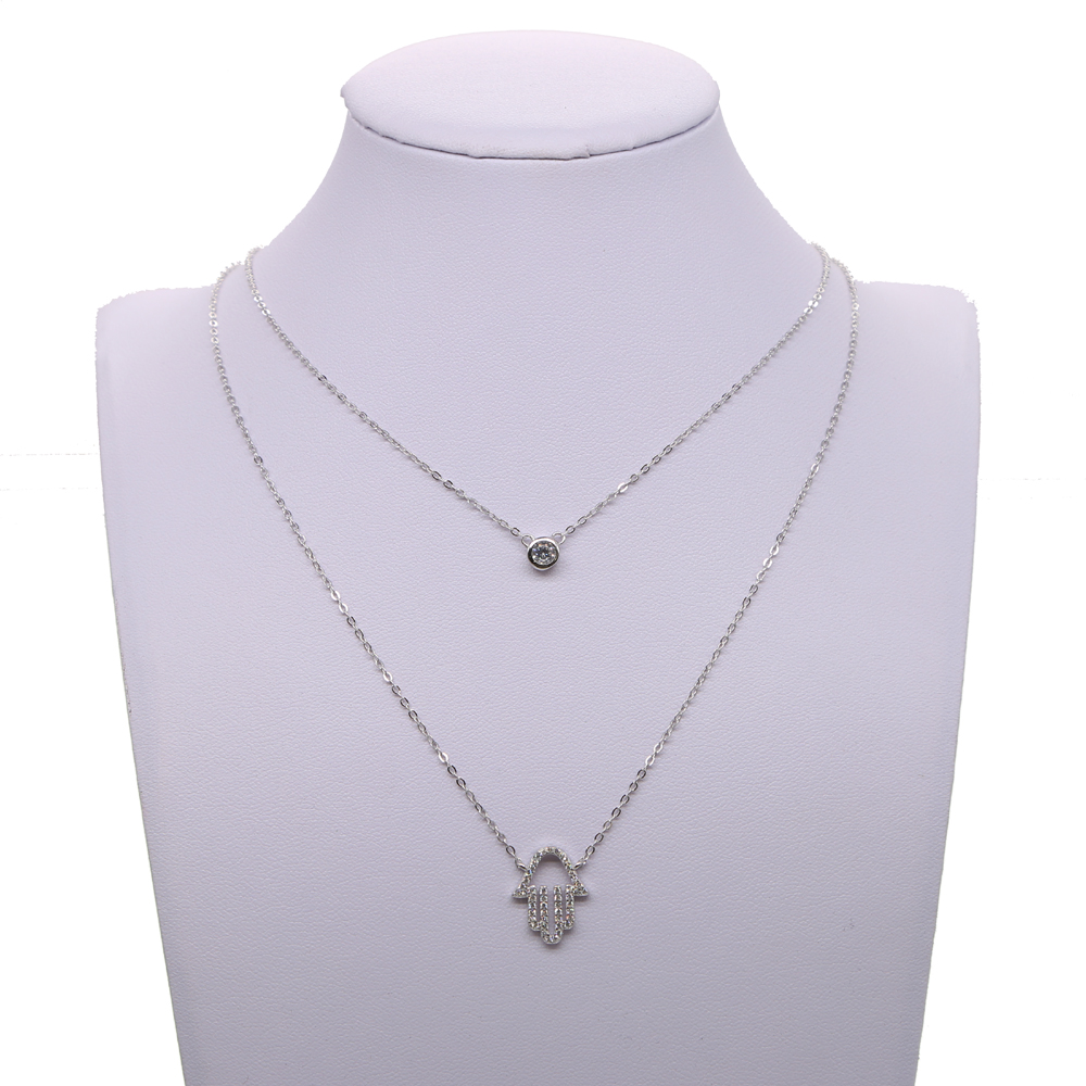 100% 925 sterling silver factory wholesale double layer women chain choker bezel cz diamond micro pave hamsa hand silver necklace