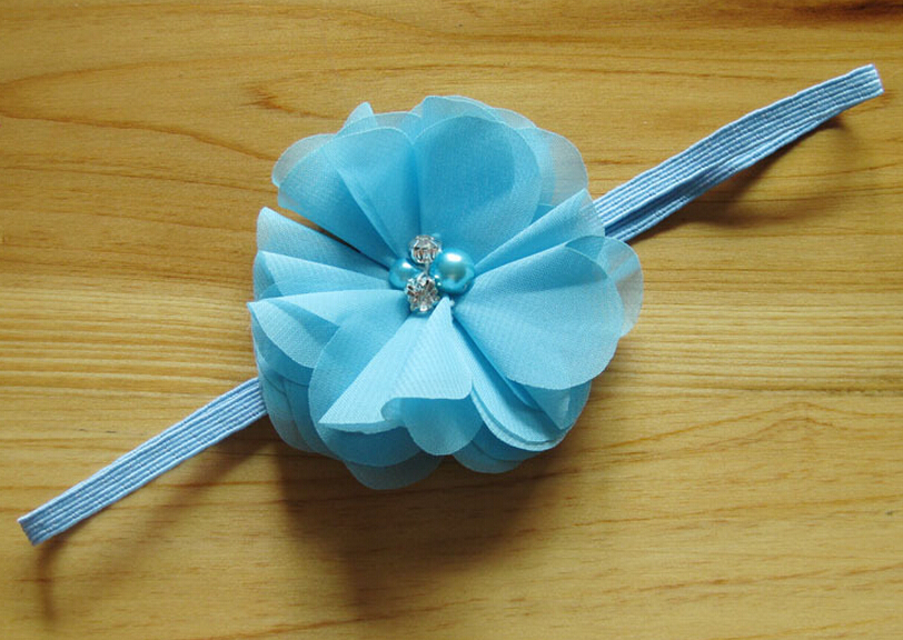 40pcs 3" Chiffon hair bow flower hair accessories kids baby pearl lace applique stretchy Ropes Elastic Headband skinny hair band PJ5212