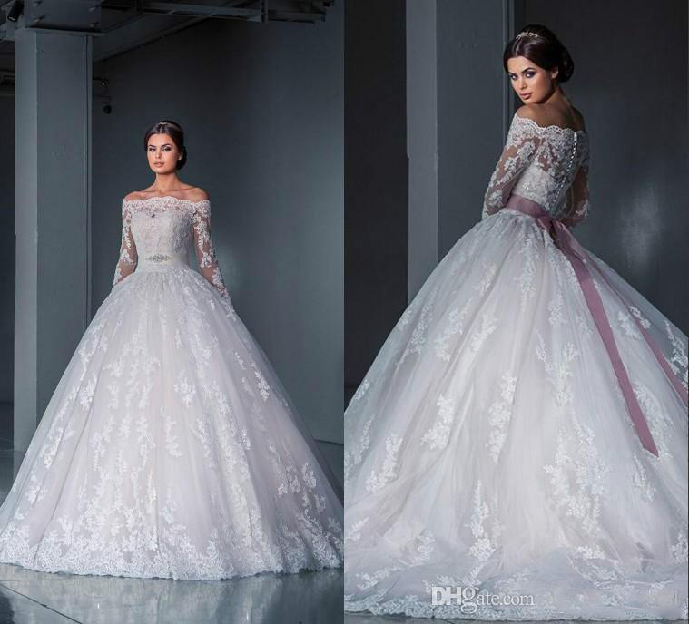 Elegant Ball Gown Lace Wedding Dresses 2016 Off the Shoulder Long Sleeves Sheer Illusion Chapel Train Appliques Beads Bridal Dress Gowns