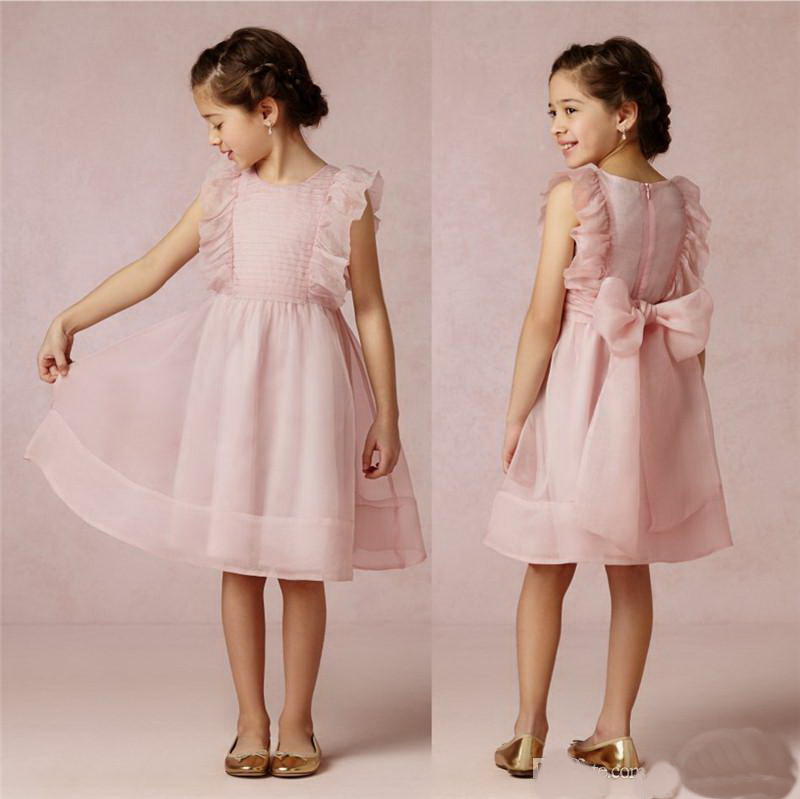 New Cute Pink A line Organza Girl's Flower Dresses with Bow Knee Length Baby Formal Occasion First Communion Skirt