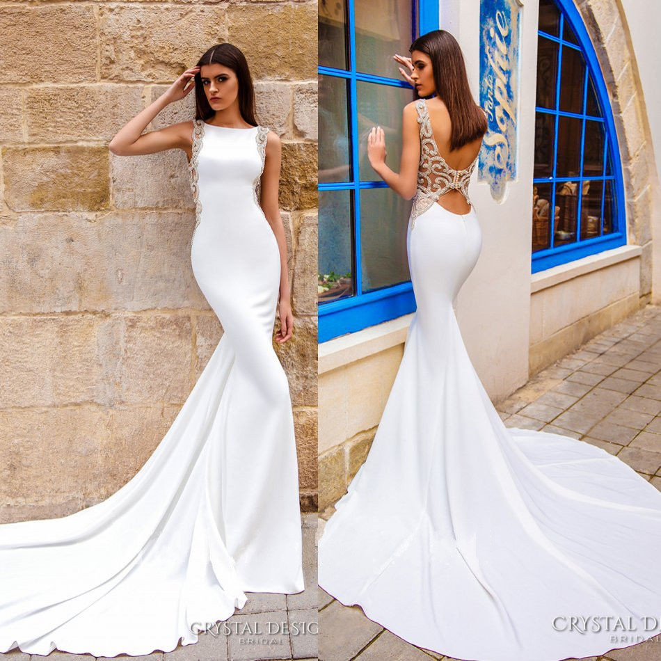 Back Chic Open Mermaid Dresses Crystal Desing Trumpet Satin Bridal Gowns Beaded Jewel Neck Wedding Dress