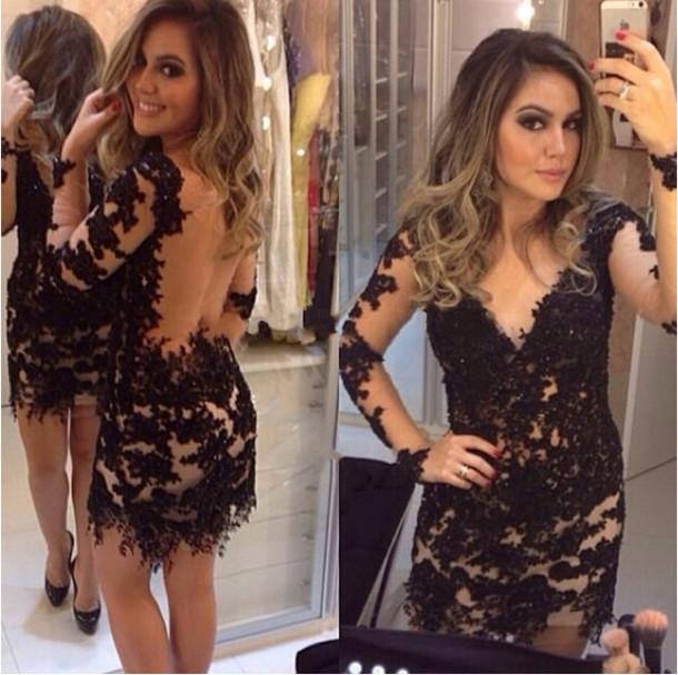 2016 Black Sheath Lace Short Cocktail Dresses Long Sleeve Tulle Vestido de Novia V neck Sexy backless Party Homecoming Gowns, Huter green
2016 Black Sheath Lace Short Cocktail Dresses Long Sleeve Tulle Vestido de Novia V neck Sexy backless Party Homecoming Gowns, Huter green