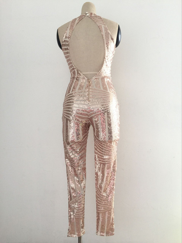 Women's Jumpsuits & Rompers Wholesale- Fashion Sheer Sexy O Neck Backless Sleevess Clubbing Gold Geometric Sequin Plus Size Ladies Playsuit