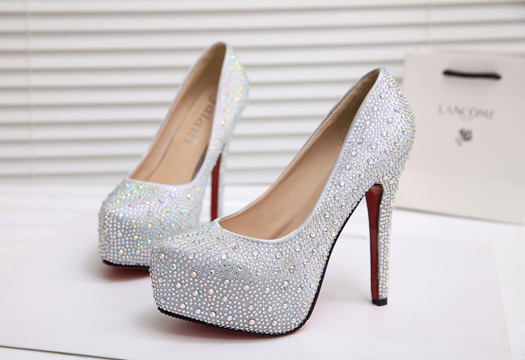 Fashion Luxurious Beaded Silver Crystals Rhinestone Wedding Shoes High Heels Bridal Shoes Party Prom Women Shoes Free Shipping