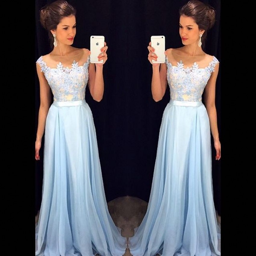 2018 Elegant Light Sky Blue Prom Dresses Sheer Neck Cap Sleeves Appliqued Chiffon Floor Length Formal Dresses Modest Evening Gowns Zipper Up, Silver
2018 Elegant Light Sky Blue Prom Dresses Sheer Neck Cap Sleeves Appliqued Chiffon Floor Length Formal Dresses Modest Evening Gowns Zipper Up, Silver