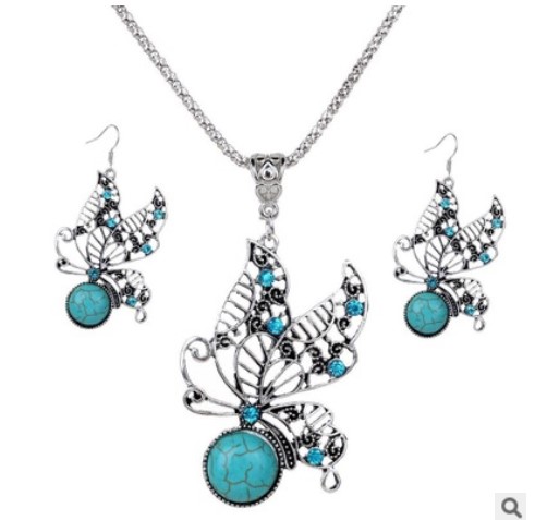 Fashion Jewelry Exaggerated Vintage National Style Turquoise Owl Gourd Butterfly Heart Necklace Earrings Jewelry Set Rhinestone Jewelry Set
