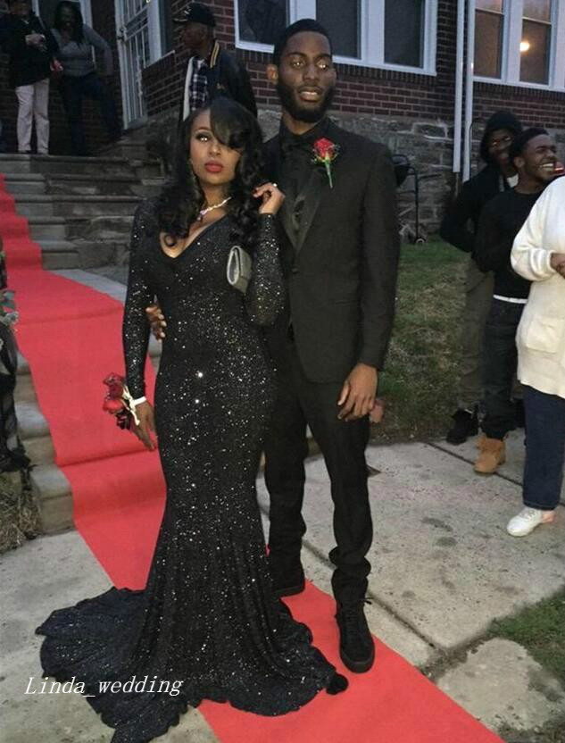 2019 Black Sequined Prom Dress High Quality Long Sleeves Special Occasion Dress Formal Evening Party Dress