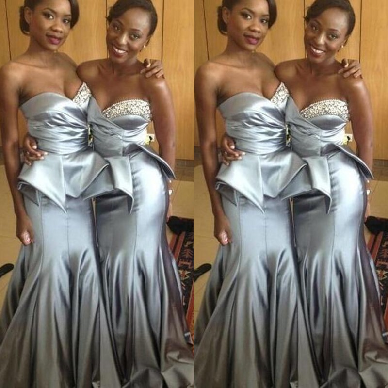 African 2017 Silver Grey Mermaid Bridesmaid Dresses Long Luxury Sweetheart Beaded Peplum Ruched Wedding Party Gonws Custom Made EN9205
African 2017 Silver Grey Mermaid Bridesmaid Dresses Long Luxury Sweetheart Beaded Peplum Ruched Wedding Party Gonws Custom Made EN9205