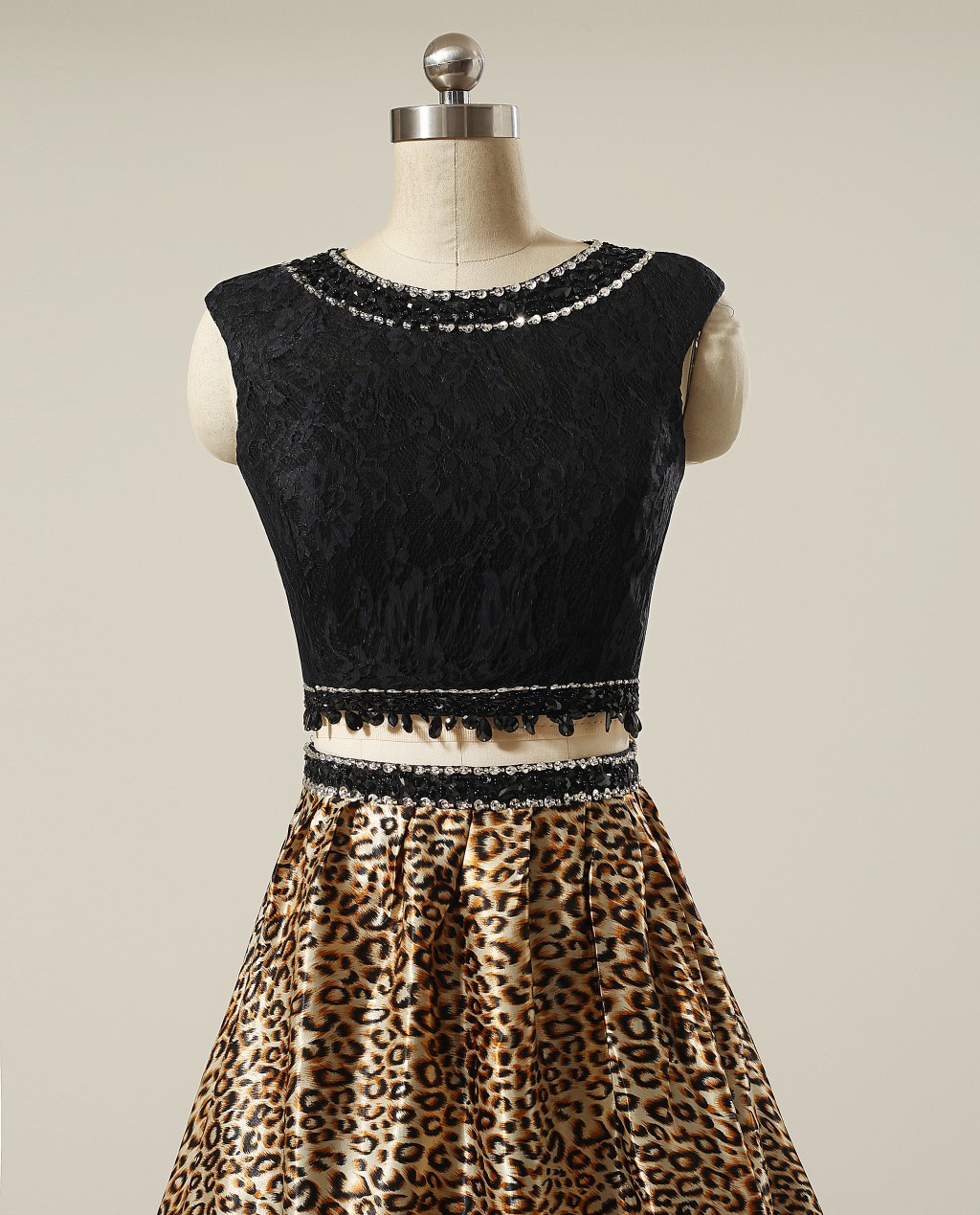 Long Leopard Grain Lace Two Piece A-Line Prom Dresses Scoop Beaded Pageant Formal Evening Party Gown