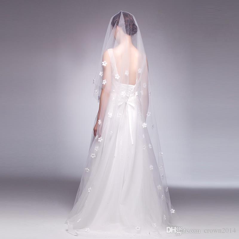 Pretty White Petal Long Cathedral Bridal Veil Floral Appliques Wedding Veils