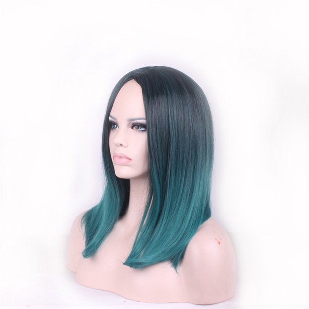 WoodFestival Ombre Dark Green Black Straight Short Bob Wig Women Fiber Synthetic Wig Turquoise Heat Resistant Hair Wigs 18 inches