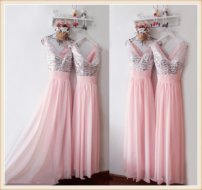 Silver Sequins Pink Chiffon Bridesmaid Dresses with V neck back Zipper A Line Floor length Elegant Cheap formal party Gowns
Silver Sequins Pink Chiffon Bridesmaid Dresses with V neck back Zipper A Line Floor length Elegant Cheap formal party Gowns