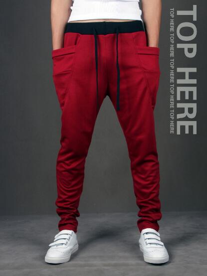 Wholesale- Unique Design Harem Pants Men's Elastic Waist Sports Pants Korean Cool Slim Fit Sweatpants Drop Crotch Pants Men black