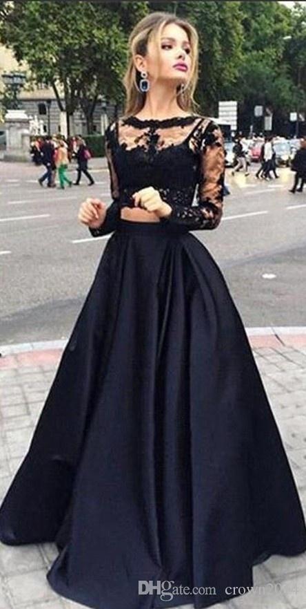 Lace Long Sleeve Two Piece Prom Dresses Black Scoop Neck Tulle Elastic Woven Satin Appliques A-line Floor-length Custom Made
