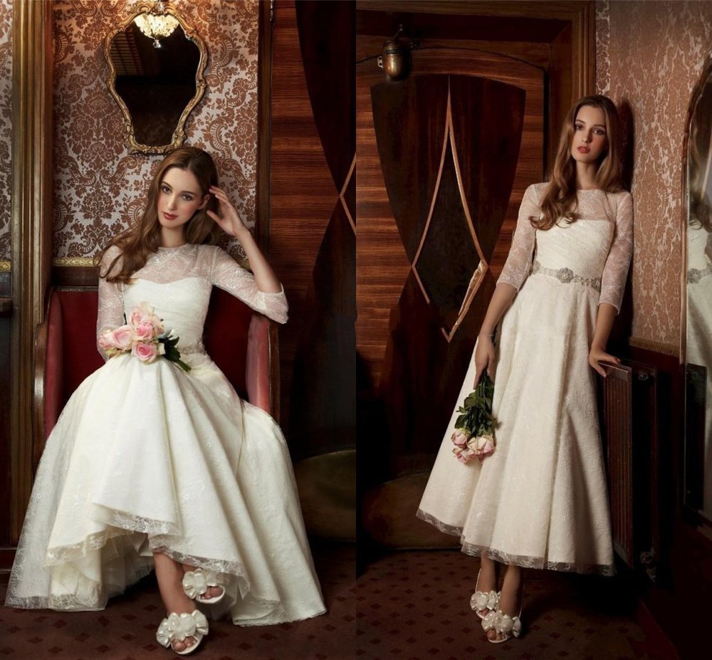 2016 Vintage Tea Length Wedding Dresses Country Style Ivory Lace Appliqued Sheer 3/4 Long Sleeves Illusion Button Back A-line Bridal Gowns
2016 Vintage Tea Length Wedding Dresses Country Style Ivory Lace Appliqued Sheer 3/4 Long Sleeves Illusion Button Back A-line Bridal Gowns