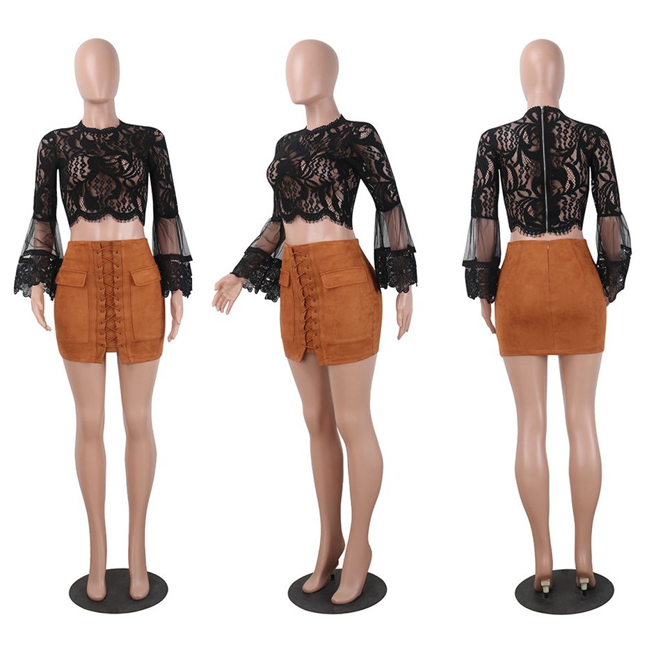 HAOYUAN Lace Sexy Blouse Women Crop Tops See Through Long Sleeve Tops 2017 Autumn Fashion Boho Zip Blouses Black White Shirts q1110