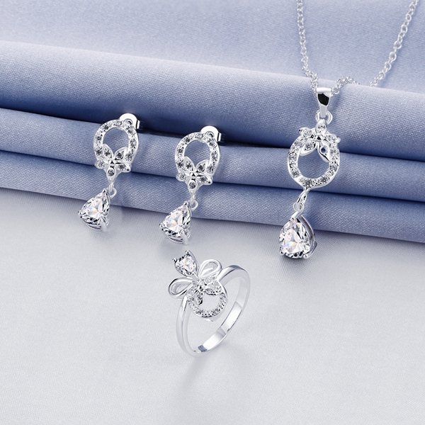 Wedding fashion 925 silver necklace earring ring a famliy of three jewelry three drop sets STSS091B sterling silver purple gemstone rings