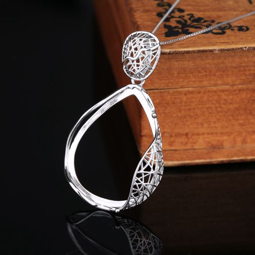 Real Sterling Silver 925 Plated White Gold Semi Mount Pendant Filligree Pear Cabochon 24x30mm Fine Jewelry Setting for Amber Turquoise