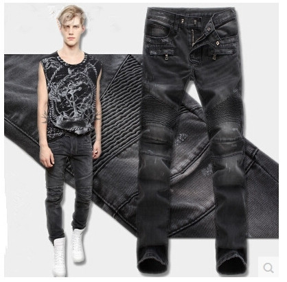 High street motor Biker Mens Slim Fit folds Jeans Washed Denim Moto gray blue skinny pants for men