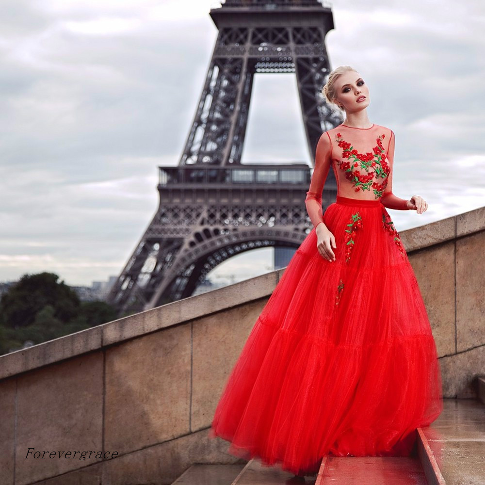 Nude Tulle Champagne Red Evening Dress Floral Floor Length Long Sleeves Women Wear Special Occasion Dress Prom Party Dress Plus Size