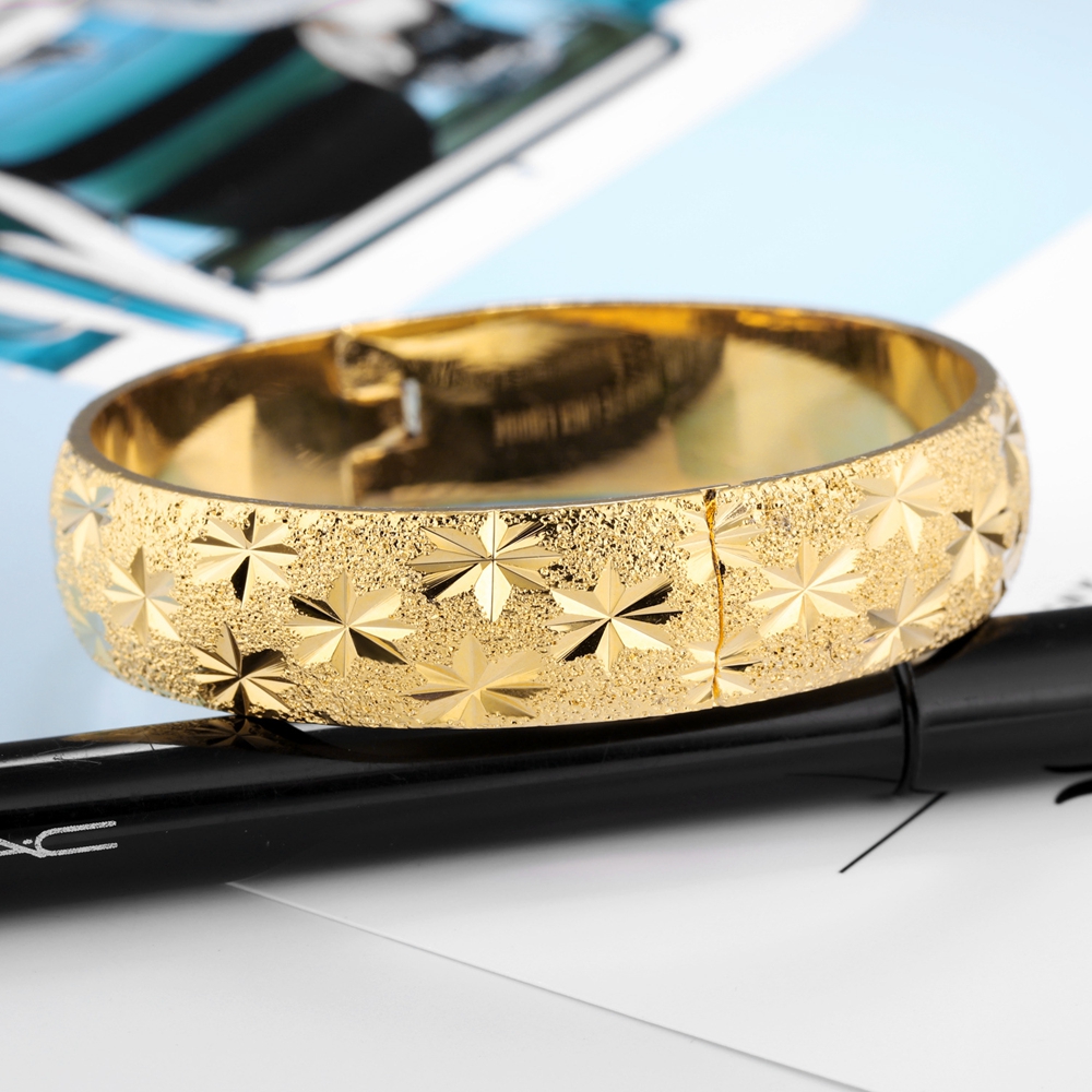 Thick Wedding Bangle 18K Yellow Gold Filled Womens Bangle Bracelet Carved Star Solid Jewelry Diameter 6cm,15mm Wide