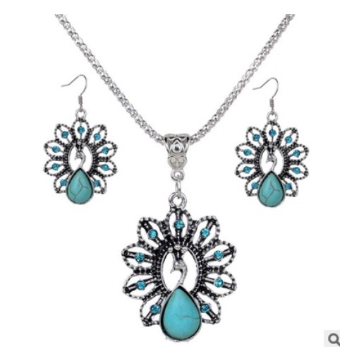 Fashion Jewelry Exaggerated Vintage National Style Turquoise Owl Gourd Butterfly Heart Necklace Earrings Jewelry Set Rhinestone Jewelry Set