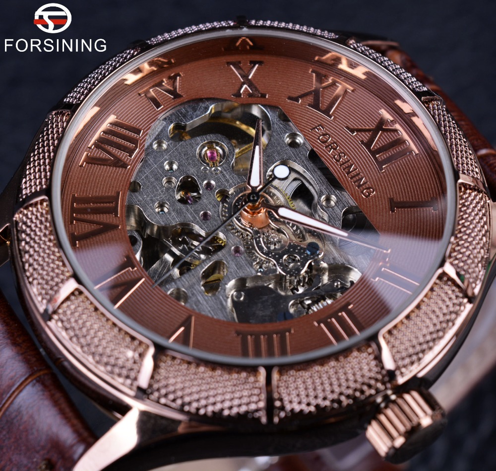 Forsining Skeleton Watch Transparent Roman Number Watches Men Luxury Top Brand Mechanical Men Big Face Watch Steampunk Wristwatches