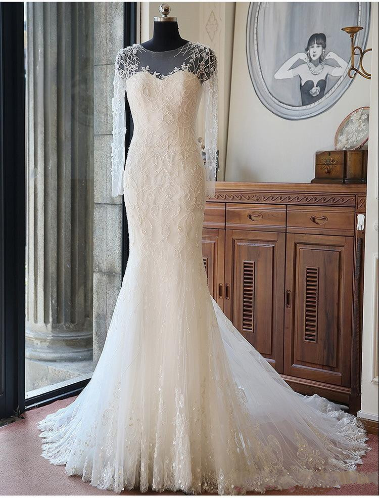 New Wedding Dresses Sheer Crew Neck Long Sleeves Lace Appliques Mermaid Bridal Gowns With Train