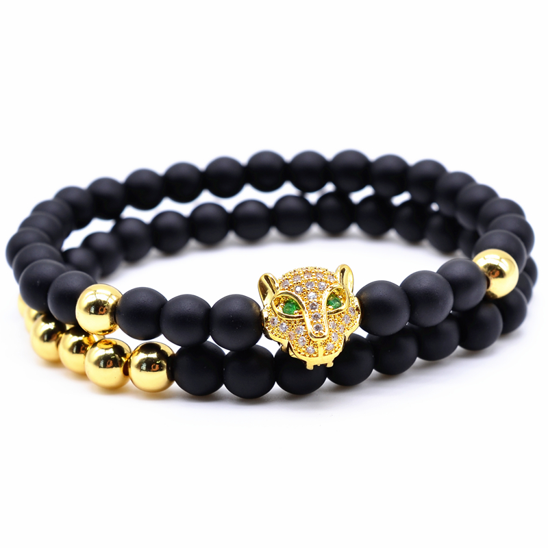 Charm leopard head two in one Bracelet Strands 6 mm black natural agate beads sin bead man Du Jinzhu