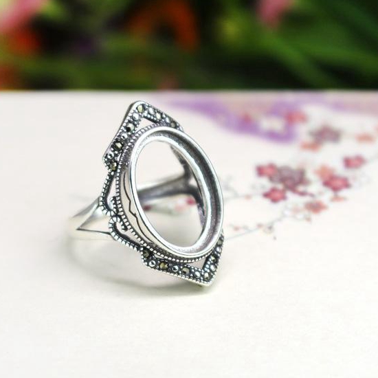 Art Nouveau 925 Sterling Silver 13x18mm Oval Cabochon Semi Mount Engagement Wedding Ring Setting Retro Vintage