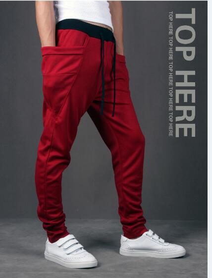 Wholesale- Unique Design Harem Pants Men's Elastic Waist Sports Pants Korean Cool Slim Fit Sweatpants Drop Crotch Pants Men black