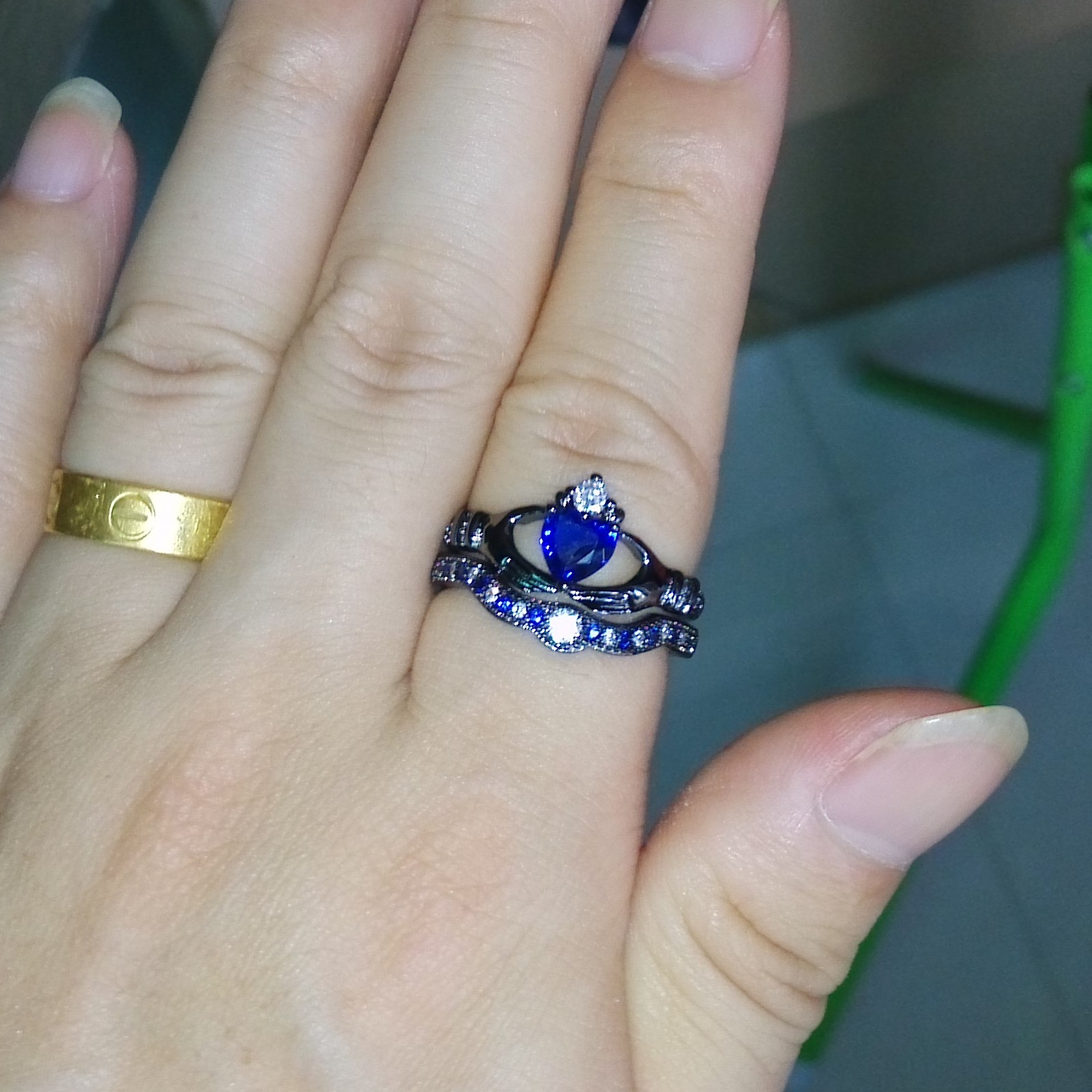 Heart Jewelry Sterg Sier Black Gold Plated Blue Sapphire CZ Dia Bridal Ring Size 5-11