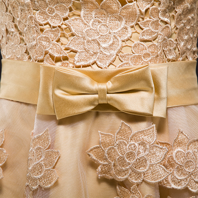 Short Lace Tulle Ball Gown Bridesmaid Dress With Appliques 2016 Gold Party Dress Knee Length Real Photo