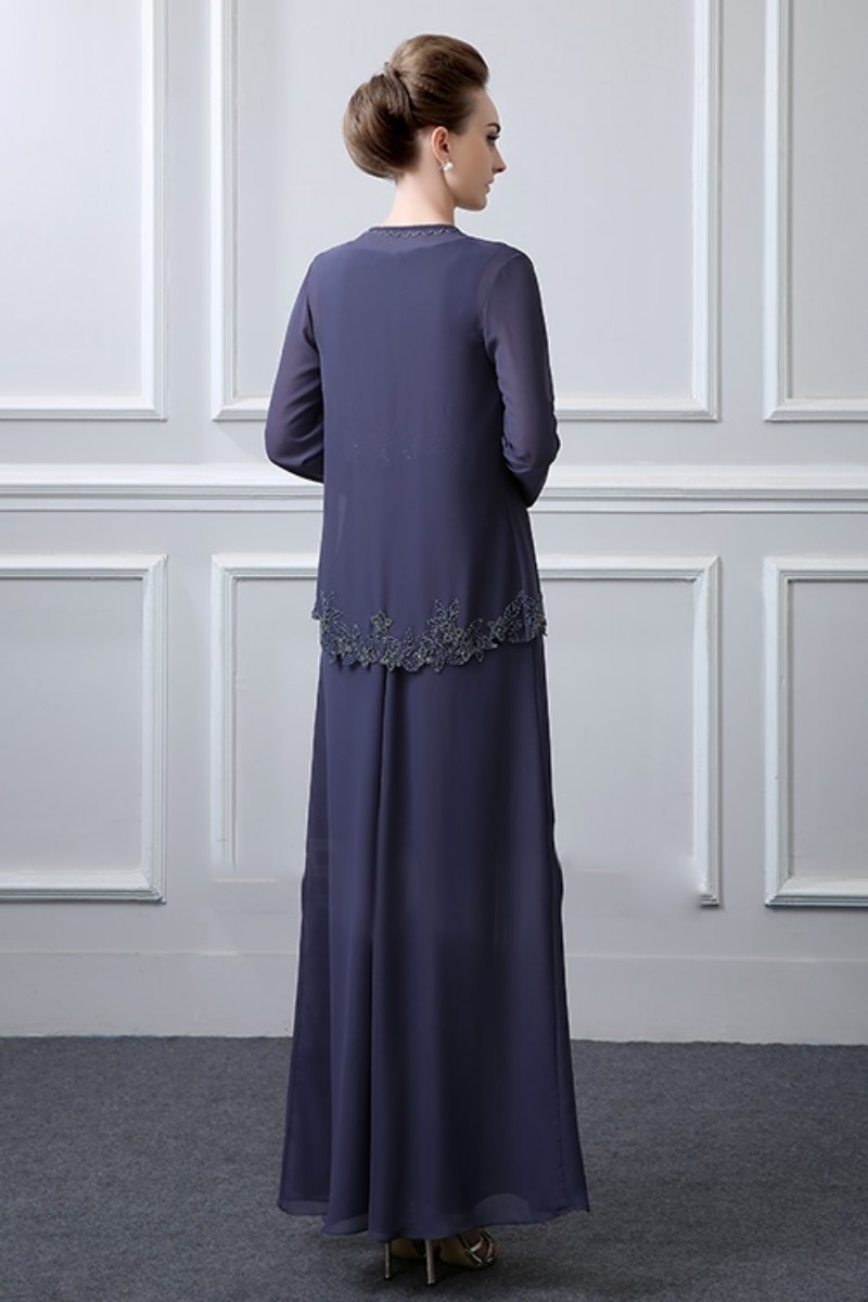 Lace Applique Mother Of The Bride Dresses With Jacket Chiffon Floor Length Mother Bride Dress Long Sleeve Plus Size Mother Of Groom Gowns