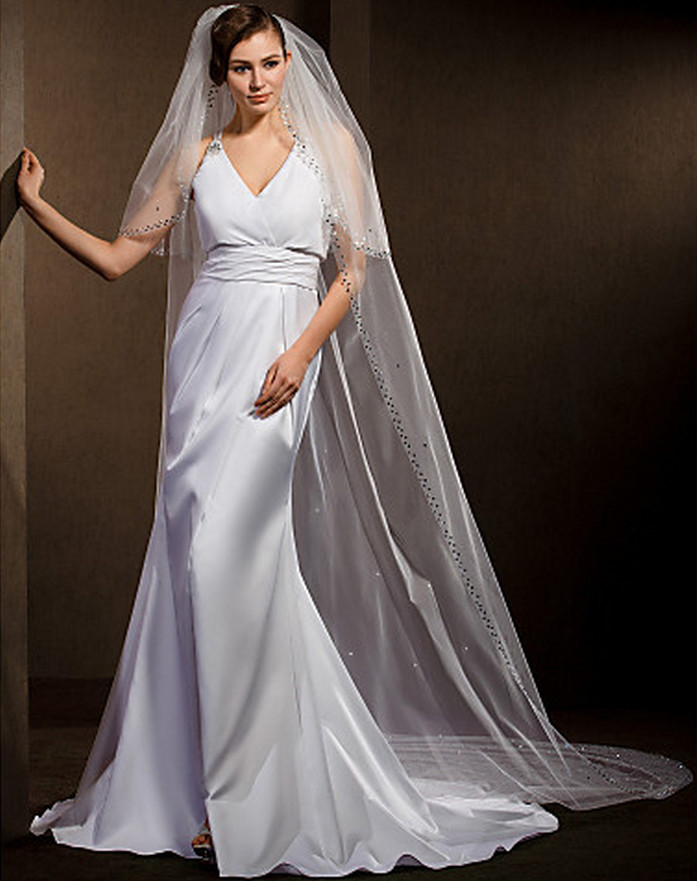 New Hight Quality Two Layer White Ivory Wedding Veil Beaded Edge Cathedral Length Bridal Veil With Comb