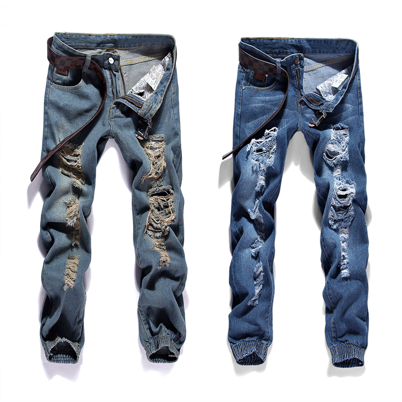 Wholesale-2016 New Arrival Fashion Broken-Hole Skinny Jeans Men Small Straight Hip Hop Ripped Jeans For Men Pantalon Homme Plus Size 28-36