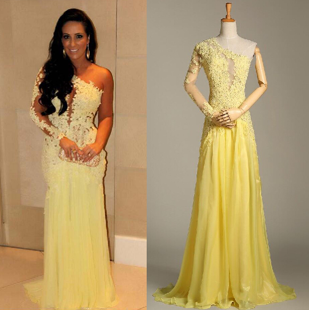 Real Picture Yellow Mermaid Lace Long Sleeve Evening Dresses Sheer Chiffon Evening Gowns Celebrity Red Carpet Dresses One Shoulder, Light yellow
Real Picture Yellow Mermaid Lace Long Sleeve Evening Dresses Sheer Chiffon Evening Gowns Celebrity Red Carpet Dresses One Shoulder, Light yellow